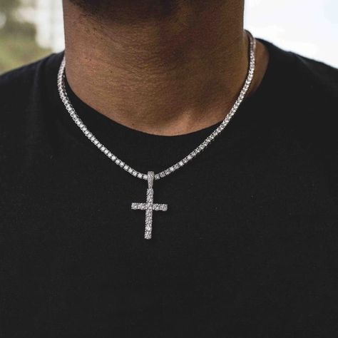 18k White Gold Iced Out Diamond Tennis Chain w/ Cross $475 Diamond Necklace Men, Tennis Chain Men, Small Diamond Necklace, Diamond Chain Necklace, Silver Chain For Men, Bling Necklace, Tennis Chain, Fashion Eye Glasses, Mens Casual Dress Outfits