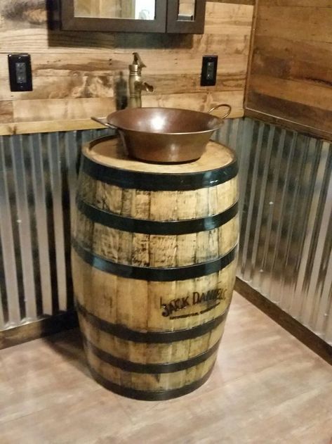 Empower your DIY spirit with essential woodworking projects. Gain skills and confidence as you build functional, stylish pieces. Image Source: https://www.pinterest.com/pin/221028294204250129 Barrel Bathroom Sink, Pub Basement, Interior Design Toilet, Whiskey Barrel Sink, Rustic Woodworking Projects, Barrel Sink, Barn Bathroom, Tiny Farmhouse, House Upgrades