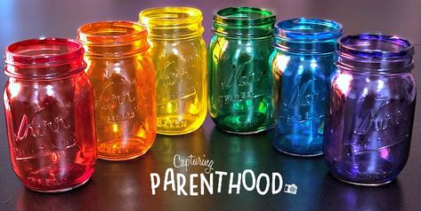 Rainbow-Tinted Mason Jars Seaglass Mason Jars Diy, Diy Paint Mason Jars, How To Tint Mason Jars, Colored Jars Diy, How To Color Wine Bottles, How To Color Mason Jars, Color Mason Jars Diy, Rainbow Mason Jars, How To Dye Glass Bottles