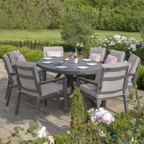 New York 8 Seat Oval Dining Set in Dove Grey https://www.refinedhomeliving.co.uk/products/new-york-8-seat-oval-dining-set-in-dove-grey Refined Home Living #Bestseller Contemporary Round Dining Table, Round Dining Set, Grey Gardens, Garden Dining Set, Oval Table Dining, Garden Furniture Sets, Aragon, Dove Grey, Outdoor Dining Set