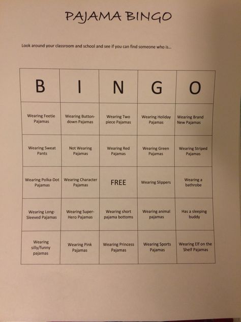 For parents and teachers alike. Does your school have pajama day? Make it funnier with a game of Pajama BINGO. Modify it for the season/time of year. This one was made for Christmas time. Make it a classroom getting-to-know-you activity and have the students go around the room and write the name of their fellow classmate in each square. Pajama Day Activities, Pajama Party Games, Onesie Party, Christmas Pajama Party, Pancake Party, Pj Day, Pancakes And Pajamas, Pijama Party, Slumber Party Games