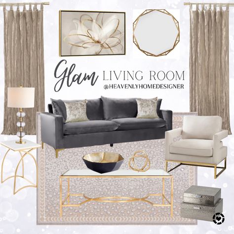 Gray Beige And Gold Living Room, Greige Black And Gold Living Room, Dark Grey Couch Gold Accents, Neutral Glam Living Room Decor, Grey And Gold Home Decor, Vintage Glam Interior Design, Modern Glam Living Room Luxury, Gray And Gold Living Room Decor, Grey And Gold Living Room Ideas