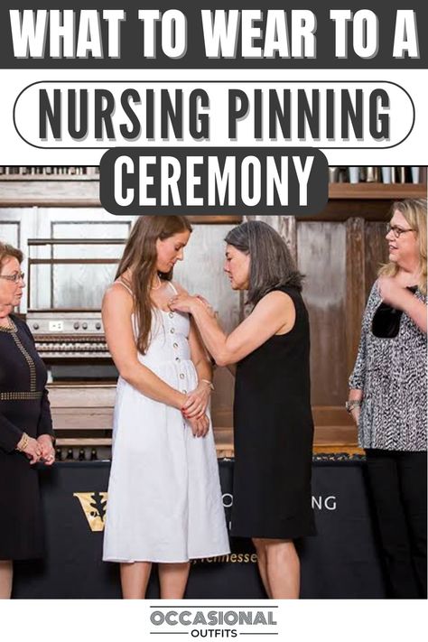 Girl wearing a white dress at her nursing pinning ceremony Pining Ceremony Outfit, Nurse Pinning Ceremony Outfit Ideas, Nursing School Pinning Ceremony Outfit, Nursing Graduation Outfit Ideas, Nursing Pinning Ceremony Decorations, Nursing Graduation Dress, Nursing Graduation Outfit, Nursing School Graduation Outfit, Nursing School Graduation Dress