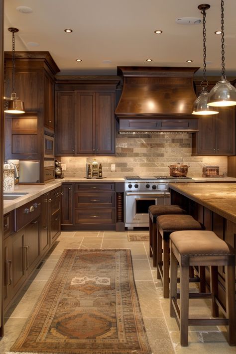 Brown Cozy Kitchen, Kitchen Design With Cherry Cabinets, Backsplash For Dark Brown Cabinets, Kitchen Backsplash Ideas With Brown Cabinets, Dark Wood Kitchen Cabinets Decor, Kitchen Ideas Dark Wood Cabinets, Brown Kitchen Cabinets White Countertops, Kitchen Backsplash Brown Cabinets, Kitchen Cabinets Gold Hardware