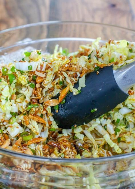 Ramen Noodle Salad is crunchy, sweet, tangy, and unforgettable! get the recipe at barefeetinthekitchen.com Crunchy Ramen Noodle Salad Easy, Chinese Noodle Salad Recipes, Crunchy Ramen Noodle Salad Recipes Asian Coleslaw, Crunchy Asian Salad Recipe, Recipes Using Roman Noodles, Ramen Salad Recipes Asian Slaw, Roman Noodle Salad Recipes, Chinese Ramen Salad, Summer Side Dishes Dessert