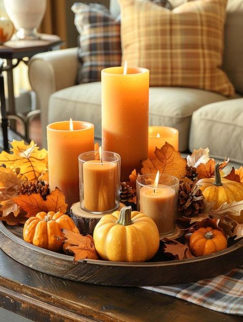 Autumn Candles Decoration, Autumnal House, Candle Display Ideas, Home Fall Decor Ideas, Colorful Tablescapes, Fall Candle Decor, Autumn Core, Fall Home Decor Ideas, Candle Decorations