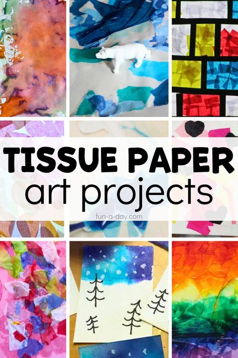 Experiment with various ways to use tissue paper with this list of tissue paper art projects for preschool, pre-k, and kindergarten kids. There are ideas on this list to fit a variety of themes. Click on the Fun-A-Day.com link for more information. Tissue Paper Collage Art Ideas, Tissue Paper Texture Art, Tissue Paper Art Projects, Tissue Paper Art For Kids, Crafts With Tissue Paper, Tissue Paper Crafts For Kids, Tissue Paper Painting, Diy For Beginners, Paper Picture Frames