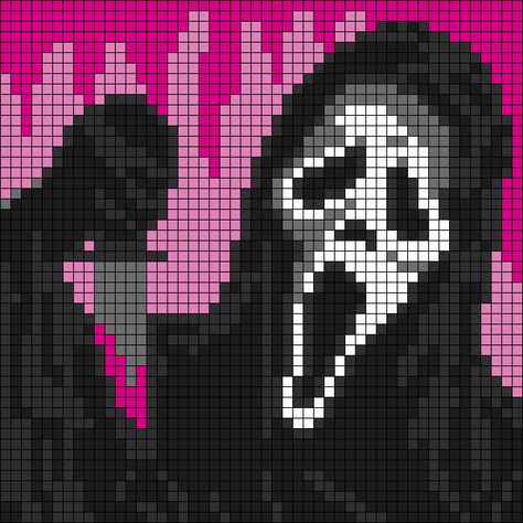 Alpha pattern #119721 variation #275738 | BraceletBook Ghost Face Crochet Tapestry, Ghostface Pixel Art Grid, Jason Crochet Pattern, Halloween Crochet Grid Patterns, Crochet Ghost Face Pattern Free, Character Alpha Pattern, Horror Movie Alpha Patterns, Crochet Ghostface Pattern Free, Ghost Face Alpha Pattern