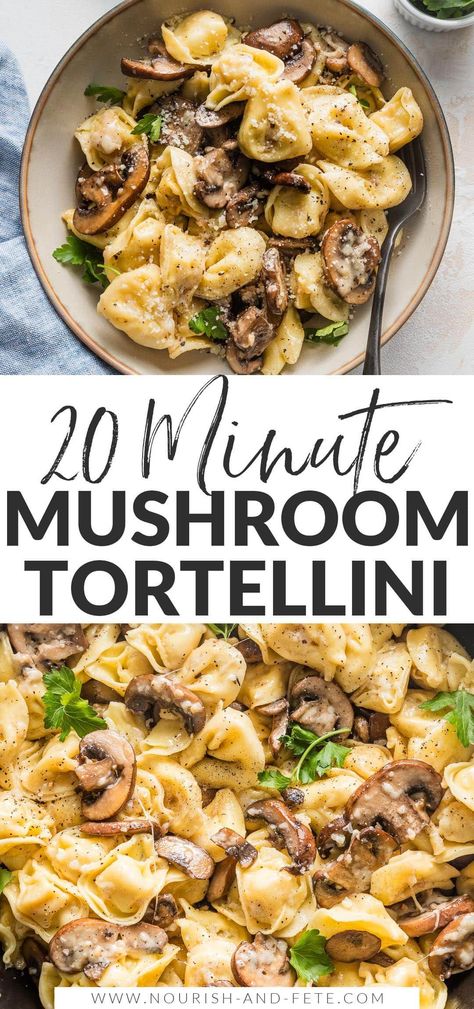 With this simple and delicious recipe for fresh Tortellini with Mushrooms, Butter, and Parmesan cheese, a satisfying dinner can be on the table in just 20 minutes. Dairy Free Tortellini Recipes, Mushroom Tortellini Recipes Healthy, Tortellini Spinach Mushroom Recipes, Cheese Spinach Tortellini Recipes, Creamy Spinach Mushroom Tortellini, Veggie Tortellini Recipes, Dinner Recipes Using Mushrooms, Tortellini Recipes Mushroom, Best Sauce For Tortellini