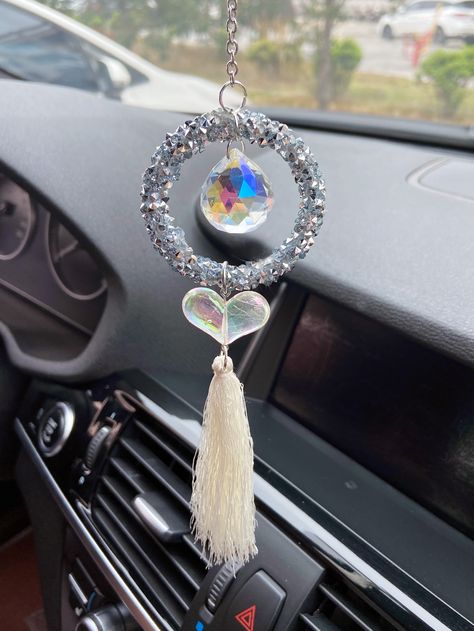 White    Sequins  Ornaments Embellished   Automotive Accessories Car Hangings Handmade, Crystal Suncatchers Diy, Crystal Car Charms, Car Hanging Accessories, Sequin Ornaments, Beaded Braclets, Wire Wrapped Jewelry Diy, Car Charms Mirror, Heart Decor