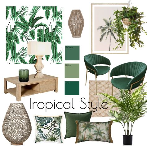 Tropical Salon Interior Design, Tropical Mood Board Interior, Modern Tropical Mood Board, Tropical Interior Design Mood Board, Tropical Farmhouse Design, Tropical Moodboard Interior Design, Mid Century Tropical Decor, Tropical Style Interior Design, Interior Design Plants Living Room