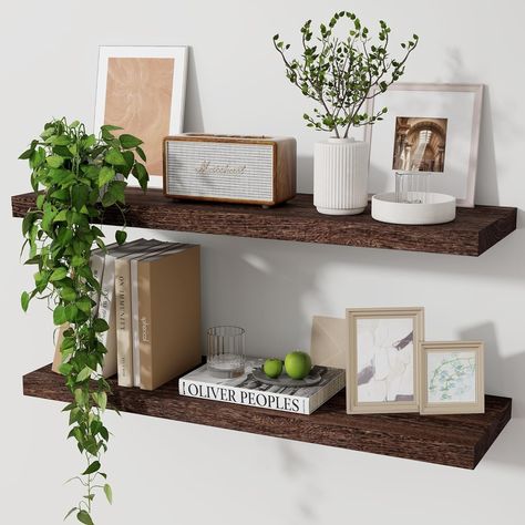 These wooden shelves are made of real wood with natural wooden node and grain, and they are carbonized to give the rustic aged look. Floating Shelves Design, Hanging Shelf Decor, Wall Mounted Wood Shelves, Rustic Wood Shelves, Dining Room Shelves, Floating Shelves Bedroom, Floating Shelves Living Room, Floating Shelf Decor, Kitchen Shelf Decor