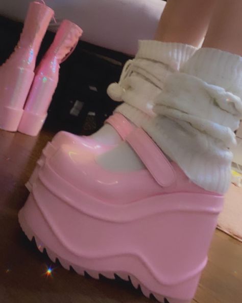 Shiny pink platform shoes with leg warmers Pink Platforms Aesthetic, Kawaii Platform Shoes, Platform Boots Pink, Black And Pink Platform Boots, Pink Lace-up Platform Chunky Sneakers, Gothic Shoes Platform Pink, Pink Platform Shoes, Pink Platforms, Pink Outfits