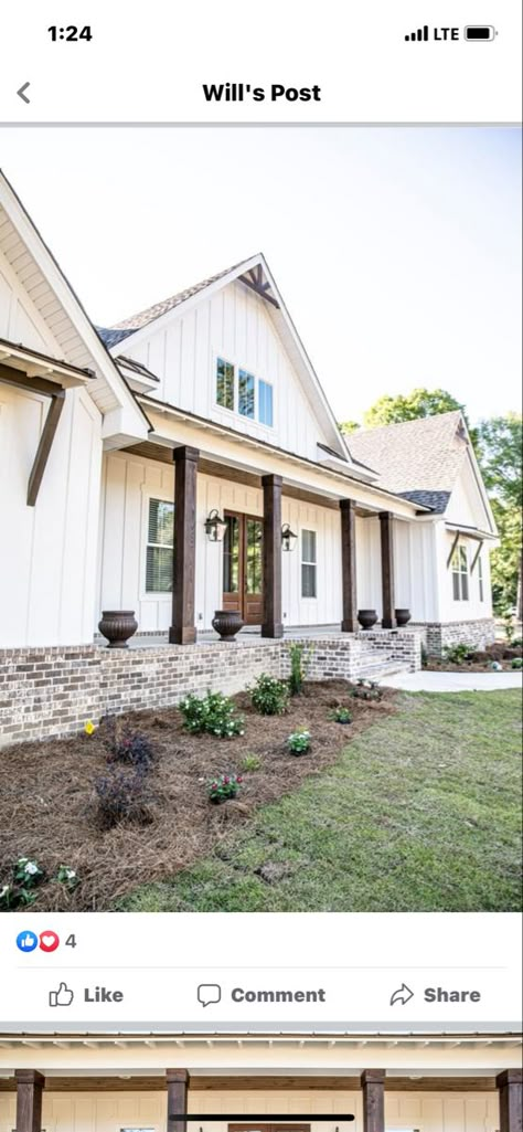 Brick Around Bottom Of House, Brick Half Way Up Exterior, Brick Bottom Of House Exterior, Barndominium Elevation Ideas, Modern Farmhouse With Brick Exterior, White House Brick Foundation, Brick Foundation Farmhouse, Modern Farmhouse Porch Columns, White Farmhouse With Brick Skirt