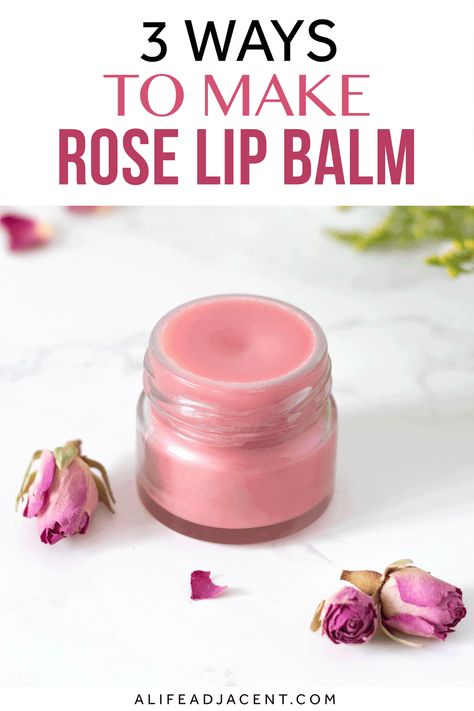 Wondering how to make rose lip balm at home? In this easy lip balm making tutorial, you will learn how to make DIY rose lip balm with rose petals, rose essential oil, or fragrant organic Bulgarian rose wax! Discover 3 ways to make your own lip balm with roses for soft, smooth, pink tinted lips. And yes, it will make your lips smell like roses! This homemade recipe is like luxury rosebud salve, but with natural non toxic ingredients like shea butter, coconut oil, and beeswax. ALifeAdjacent.com How To Make Organic Lip Balm, Bees Wax Lip Balm Recipes, Homemade Rose Lip Balm, Rose Petals Lip Balm, How To Make Rose Lip Balm, Lip Salve Recipe, How To Make Pink Lip Balm, Diy Rose Lip Balm, How To Make Lip Balm At Home Easy