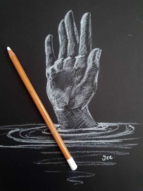 A drawing of a hand reaching up out of water, in white charcoal pencil on black paper Black And White Hands Painting, Hand Out Of Water Drawing, White Oil Pastel On Black Paper, Drawing With Chalk On Paper, White On Black Charcoal Drawing, Ideas For Black Paper, Drawing With White Pencil, Drawings For Black Paper, Realistic Black And White Drawings