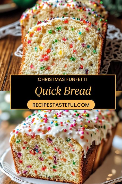 Get into the holiday spirit with this festive Christmas Funfetti Quick Bread! Bursting with colorful sprinkles and topped with a sweet glaze, this moist and tender treat is perfect for your holiday celebrations. Easy to make and irresistibly delicious, it’s sure to be a hit at family gatherings and parties. Celebrate the season with a delightful quick bread that adds a touch of cheer to any table! Quick Bread Christmas Gifts, Funfetti Christmas Bread, Christmas Funfetti Bread, Easy Christmas Breads For Gifts, Easy Christmas Bread, Christmas Quick Bread Recipes, Holiday Spirit Aesthetic, Grinch Bread, Holiday Breads For Gifts