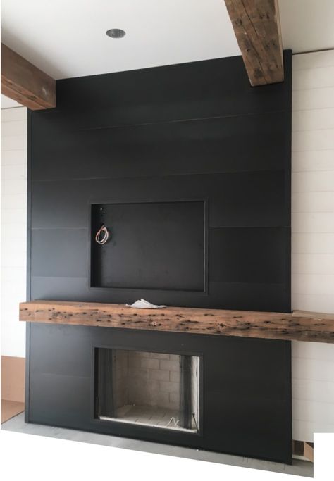 Modern Industrial Fireplace Ideas, Black Slate Fireplace Wall, Black Stone Veneer Fireplace, Dark Grey Tile Fireplace, Black Wood Panel Fireplace Wall, Black Stone Fireplace Ideas, Dark Tile Fireplace, Black Tile Fireplace Surround, Gas Fireplace Wall