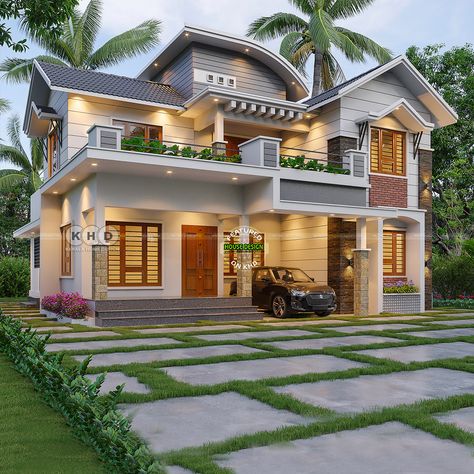 Contemporary Mixed Roof House Design - Elegant Living Spaces Mixed Roof House Design, Kerala Style House Plan, Kerala Style House, Roof House Design, Kerala Home, Roof House, Front Elevation Designs, Kerala House Design, Kerala Houses