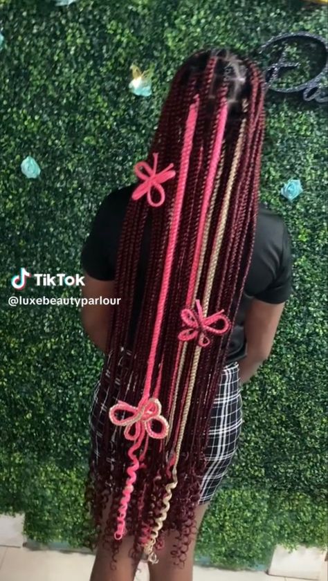 Burgundy blonde pink 3d butterfly braids pretty black girl Black Mixed With Pink Braids, Braids With 3d Butterfly, Braids With Butterflies, 3d Butterfly Braids, Barbie Braids, Fox Locks, Braids Quick, Butterfly Braids, Black Kids Braids Hairstyles