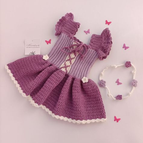 Rapunzel Crochet, Crochet Baby Projects, Crochet Baby Costumes, Crochet Baby Sweater Pattern, Crochet Baby Girl Dress, Crochet Baby Sweaters, Baby Sweater Patterns, Crochet Disney, Baby Frock