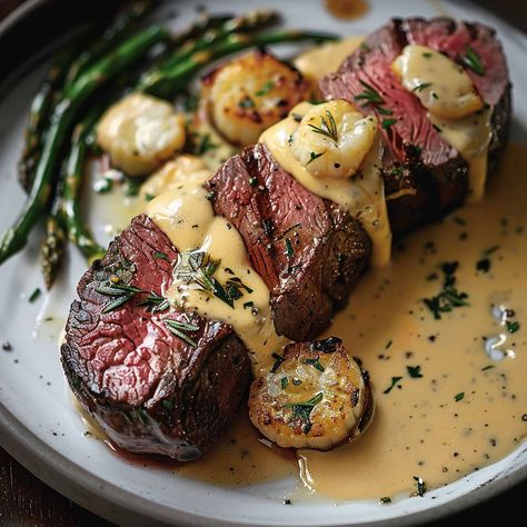 Crab-Stuffed Beef Tenderloin with Béarnaise Bliss Lobster Stuffed Beef Tenderloin, Steak Oscar With Crab Bearnaise Sauce, Stuffed Beef Tenderloin Recipes, Fancy Dinner Recipes Fine Dining, Gourmet Beef Recipes, Gourmet Recipes Fancy, Luxury Recipes, Peppercorn Cream Sauce, Stuffed Beef Tenderloin