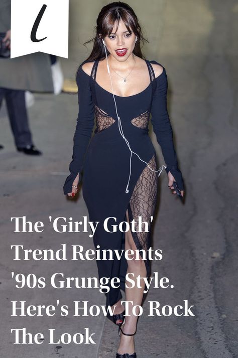 In the movies, depictions from grunge to goth tend to rely on a surplus of eyeliner, some kind of gelled or alternative hairstyle, and lots of dark colors, fishnet, and lace. Grunge can come in plenty of forms, stemming from the '90s alternative rock scene and making its claim to fame through bands like Nirvana and Pearl Jam. #girlygoth #goth Girly Goth Aesthetic, 90s Rock Fashion, Girly Grunge Outfits, Gothic Grunge Outfits, Fishnets Outfit, 90s Alternative Fashion, Goth Outfits Aesthetic, Girly Goth, 90s Fashion Grunge