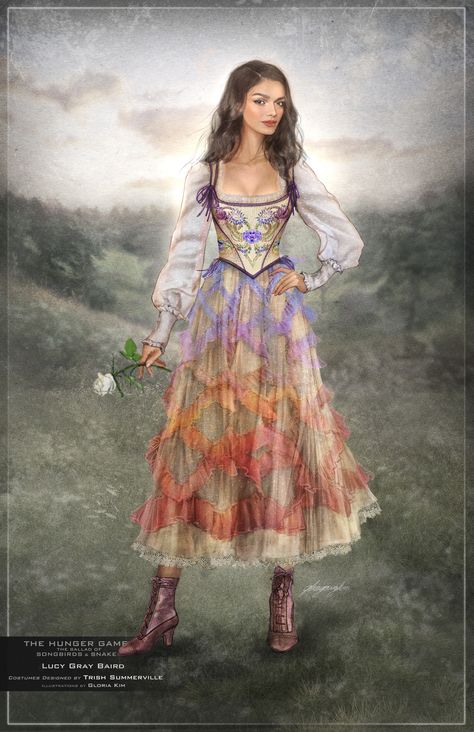 'Hunger Games: The Ballad of Songbirds and Snakes': How Lucy Gray's Rainbow Dress Connects Her to Katniss Hunger Games Prequel, Hunger Games Outfits, Snake Costume, New Hunger Games, Fire Costume, Hunger Games Fashion, Hunger Games Fan Art, Hunger Games Katniss, Snake Dress