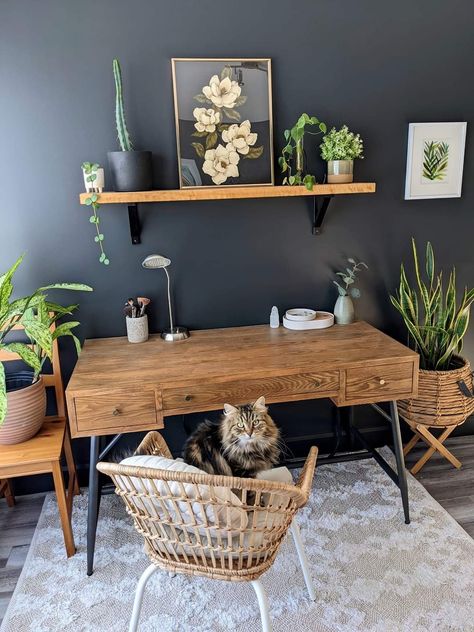 Woodland Office Decor, Sage And Black Office, Greenery Office Decor, Earthy Office Design, Office Nook In Living Room, Earthy Office Decor, Dining Room Office Combo Ideas, Boho Office Space Workspaces, Home Office Green