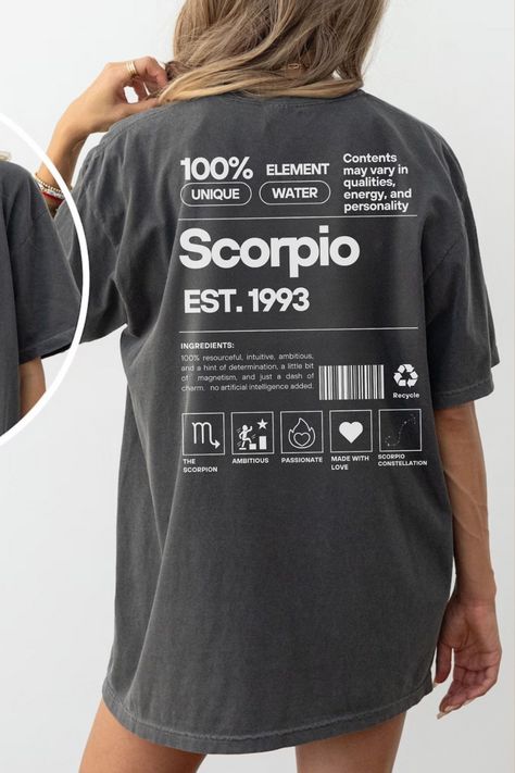 "Scorpio Zodiac T-shirt" is a personalized horoscope gift for Scorpios. It features the Scorpio symbol and the phrase "In My Scorpio Era". #zodiac #horoscope #scorpio / #Scorpio_Shirt #Normal_Fashion #Zodiac_Tshirt #Tailgate_Shirt Unique Shirt Design Ideas, Yoga Merchandise, Outfit Ideas Shirt, Scorpio Shirt, Zodiac Tshirt, Art Tshirt Design, Normal Fashion, Shirt Design Ideas, Streetwear Tshirt Design