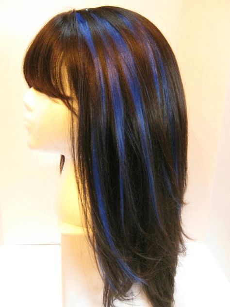 12 inch Blue Highlight Clipin Human Hair by AdornmentAssortments, $15.00 http://honestlywtf.com/diy/diy-fishtail-hat-band/ BRAID Navy Blue Streaks Hair, Cool Hair Highlights For Dark Hair, Dark Hairstyles With Highlights, Dark Blue Streaks In Brown Hair, Teal Streaks In Brown Hair, Dark Brown With Blue Highlights, Blue Hair Streaks Brunette, Blue Hair On Brown Hair, Blue Streaks In Hair