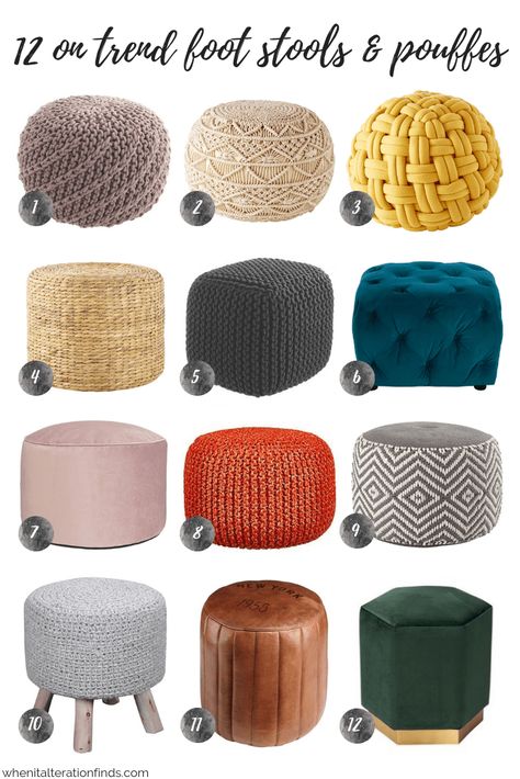 12 on trend foot stools and pouffes from When It Alteration Finds Puff Stool Living Rooms, Foot Stools Ottoman Living Rooms, Foot Stool Ideas, Poufs In Living Room, Pouffe Living Room, Stools For Living Room, Toddler Kitchen Stool, Painted Bar Stools, Diy Bar Stools