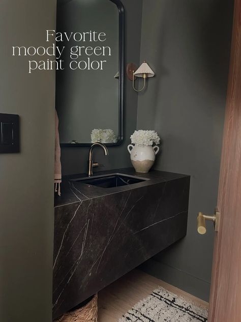 Dark Green Benjamin Moore Paint, Benjamin Moore Olive Green, Olive Green Bathroom, Urbane Bronze Sherwin Williams, Green Powder Room, Olive Green Bathrooms, Powder Room Paint, Dark Green Paint, Olive Green Paints