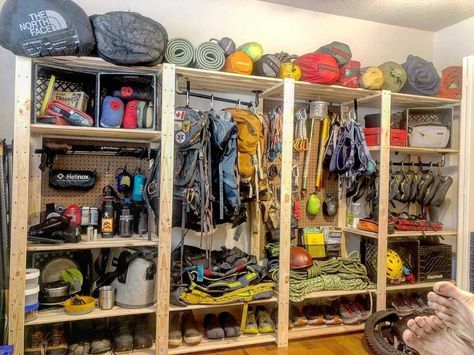 The longer we look the more details and gear we see. @markschatz_bzn put in some serious thought and work to this most comprehensive gear… | Instagram Gear Room Organization, Gear Room Ideas, Outdoor Gear Organization, Outdoor Gear Storage, Gear Garage, Garage Inspiration, Gear Organization, Adventure Room, Gear Wall