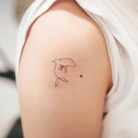 Dolphin Tattoo Behind Ear, Dainty Dolphin Tattoo, Dolphin Tale Tattoo, Fine Line Dolphin Tattoo, Dolphin Tattoos For Women, Minimalist Dolphin Tattoo, Ocean Minimalist Tattoo, Dolphin Tattoos, Beachy Tattoos