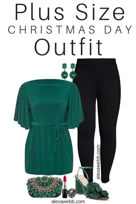 Plus Size Christmas Outfit Idea with green tunic, black leggings, green bow heels, and statement earrings - Alexa Webb #plussize #alexawebb Plus Size Tunic And Leggings Fall, Green Top Christmas Outfit, Plus Size Xmas Outfit, Plus Size December Outfits, Plus Sized Christmas Outfits, Holiday Work Party Outfit Plus Size, Plus Christmas Party Outfit, Company Holiday Party Outfit Plus Size, Plus Size Christmas Outfit Photos