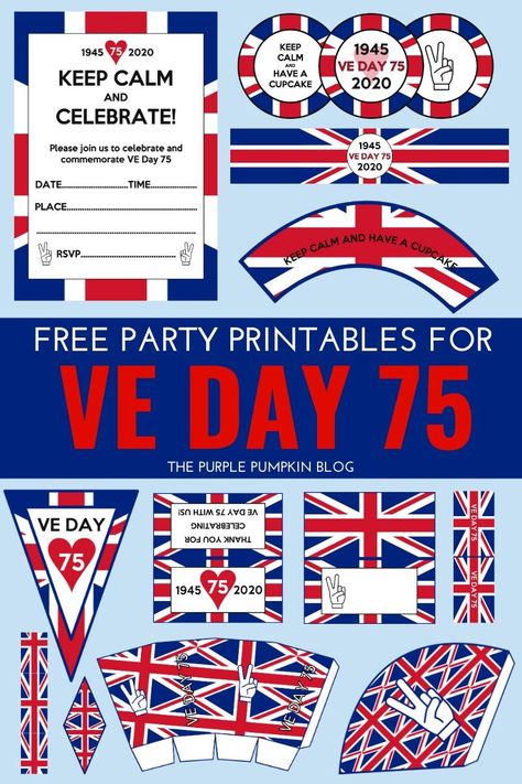 These Free Printable VE Day Decorations are just what you need to commemorate the 75th anniversary of Victory in Europe Day. We might not be able to have the street parties as planned, but we can still celebrate at home or in the garden! Everything you need to have an old fashioned British knees-up is included in this printable party set for VE Day 75. #VEDay #FreePrintables #FreePrintableVEDayDecorations #ThePurplePumpkinBlog #PartyPrintables #VEDay75 Victory In Europe Day, Picnic Invitations, How To Make Popcorn, Anniversary Diy, Party Food Labels, Purple Pumpkin, Outfits Winter, Mini Flags, Paper Chains