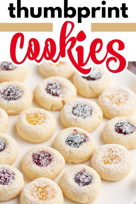 Thumbprint cookies are a soft, but firm cookie with a jam-filled center that are deliciously popular, especially during the holidays. Perfect for all holidays! #thumbprintcookies #christmascookies Jam Prints Thumbprint Cookies, Thimble Cookies Recipe, Kaufman's Thumbprint Cookies, Thimble Cookies, Snack Ideas For Adults, Thumbprint Cookies Christmas, Chocolate Marshmallow Cookies, Salted Caramel Pretzels, Chocolate Chip Shortbread Cookies