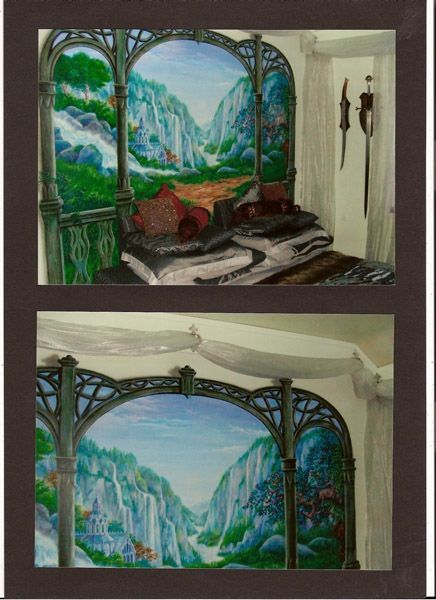 Rivendell Home Decor, Lotr Wall Mural, Elvish Bedroom Ideas, Rivendell Nursery, Lord Of The Rings Mural, Lotr Mural, Rivendell Bedroom, Rivendell Decor, Elvish Decor