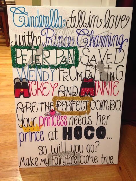 Disney themed homecoming proposal Disney Theme Hoco Proposal, Disney Dance Proposal, Disney Hoco Dresses, Disney Themed Hoco Proposals, Disney Prom Proposal, Hocoming Ideas Theme, Homecoming Proposal Ideas Disney, Disney Themed Promposal, Disney Homecoming Proposal