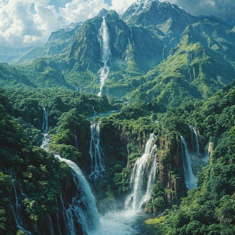 Discover the hidden marvel of South America—a breathtaking waterfall cascading through the lush tropical forest, a symphony of nature's untouched beauty. #HiddenWaterfalls #TropicalParadise #SouthAmericanJewels #NatureSymphony #ForestMarvels #GenerativeArt #DigitalArtists #AIArtwork #AI #AIhyperrealistic Tropical Rainforest Landscape, Island Forest Aesthetic, Fantasy Tropical Forest, South America Landscape, Tropical Island Concept Art, Forest Civilization, Tropical Forest Aesthetic, Tropical Rainforest Aesthetic, Tropical Kingdom