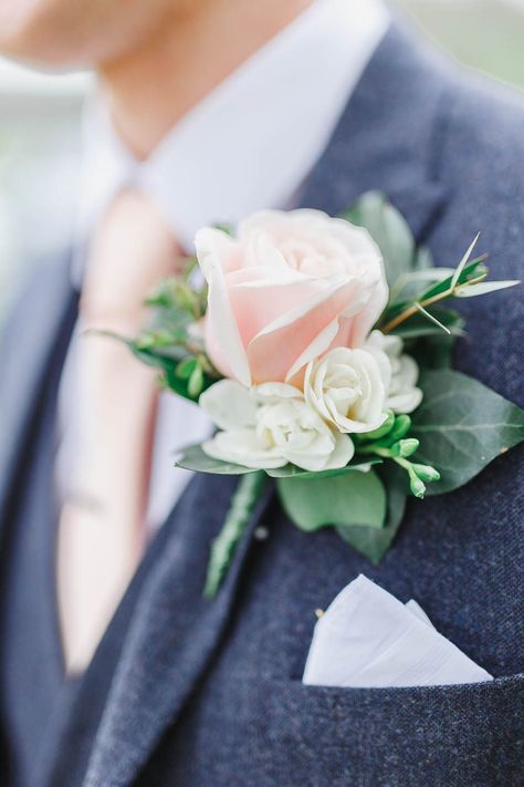 Groom in a grey suit with pink tie and pale pink rose buttonhole flower | Whtie Stag Wedding Photography Peach White Wedding, Peach Boutonniere, Spray Roses Boutonniere, Green Boutonniere, Dance Flowers, Rose Buttonhole, White Rose Boutonniere, Pink Boutonniere, Prom Corsage And Boutonniere