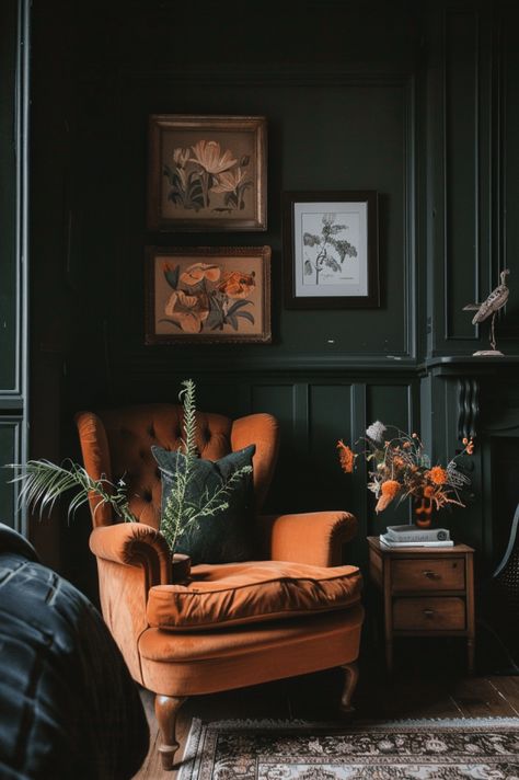 Moody Cottage Core Living Room, Moody Cottage Decor, Moody Cottagecore Aesthetic, Moody Cottagecore Bedroom, Dark Moody Rooms, Moody Studio Apartment, Dark Eclectic Decor, Vintage Moody Bedroom, Moody Vintage Decor