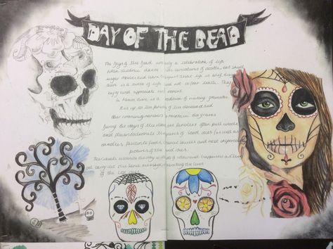 Year 9 Day of the Dead project. Title page/ researching the theme. Day Of The Dead Mood Board, Vintage Witch Costume, Hocus Pocus Halloween Costumes, Cloakroom Ideas, Ks3 Art, Decay Art, Sugar Skull Costume, Art Folio, Disney Pumpkin Carving