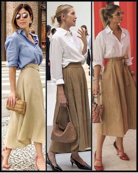 Khaki Long Skirt Outfit, Khaki Skirt Outfit, Smart Casual Wear, Long Skirt Outfits, Over 60 Fashion, Well Dressed Women, Chic Skirts, 60 Fashion, Modest Fashion Outfits