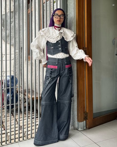 YAAYYY!! enjoy ur weekend 👀🖤🤍 outfit deetz: white shirt top —— @beanthescene vest —— @mingalondon pants —— @mingalondon . . . . . . . . . . . . Outfit Repeater. Black and Red Outfit. Lace outfit. Dark Coquette. Lace Blouse. Outfit Inspo. Emo Inspired outfit. Semi Maximalist. Layering. Pinstripe vest and Pants. #ootd #outfitinspo #styleinspo Blouse Layering Outfit, Outfit Inspo Emo, Lace Blouse Outfit, Black And Red Outfit, Maximalist Outfits, Pinstripe Vest, Outfit Repeater, 2024 Fits, Outfit Dark