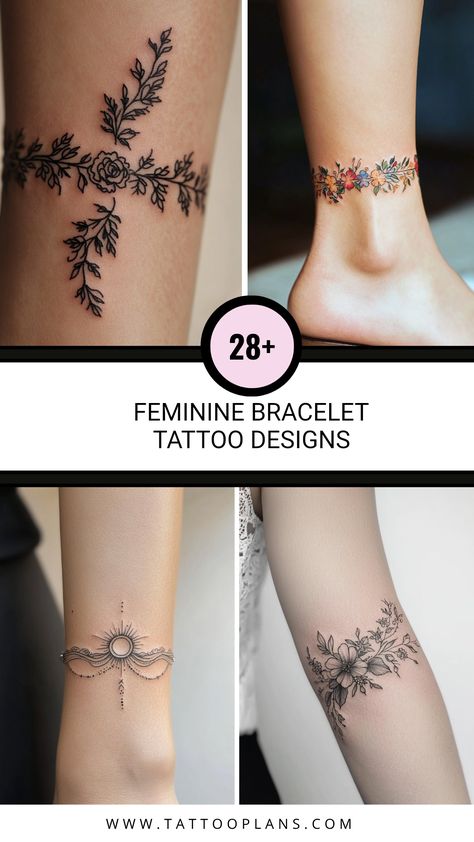 Pin featuring 28 unique feminine bracelet tattoo designs, showcasing a variety of styles and symbols that appeal to women seeking thoughtful body art. This pin uses 4 images displaying the charm and elegance of bracelet tattoos. Lace Wrist Cuff Tattoos For Women, Feminine Forearm Tattoos For Women, Bracelet Tattoos For Women Wrist, Anklet Tattoos For Women Unique, Dainty Vine Tattoo, Bracelet Tattoos For Women, Anklet Tattoos For Women, Charm Bracelet Tattoo, Bracelet Tattoos