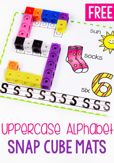 These uppercase alphabet snap cube mats are the perfect free printable letter activity for kindergarten. Practice writing letters, work on beginning sounds and form each letter with the snap cubes! #alphabetactivity #kindergartenprintable Snap Cube Letters Free, Mathlink Cubes Printables, Snap Cube, Letter Activity, Prek Literacy, Alphabet Centers, Snap Cubes, Alphabet Activity, Kindergarten Letters