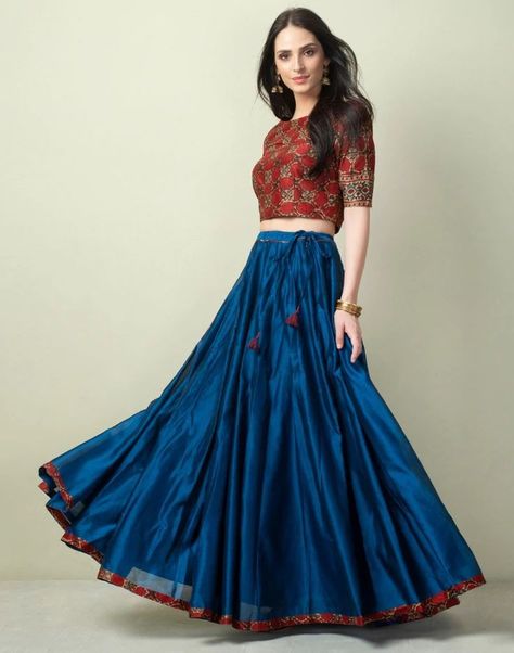 Crop Lehenga, Ajrakh Lehenga, Skirt And Top Indian, Long Skirt And Top, Blouse Lehenga, Cotton Lehenga, Indian Outfits Lehenga, Lehnga Dress, Frock For Women