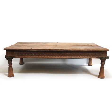 Original teak coffee table with carved border turned legs and iron brackets at the corners.  One of a kind original piece from India. Indian Coffee Table, Indian Coffee, Dark Brown Top, Acrylic Coffee Table, Iron Brackets, Round Stool, Teak Coffee Table, Acrylic Table, Wood Rounds